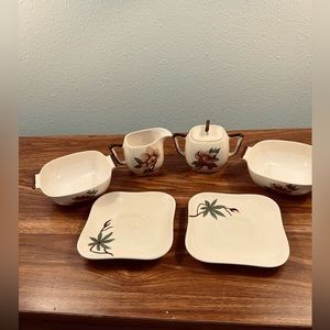 50s MCM Weil Ware 2 bowls, 2 plates plus Saucers & Cream/Sugar